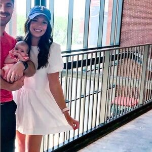 white linen like baby doll style puff sleeve dress